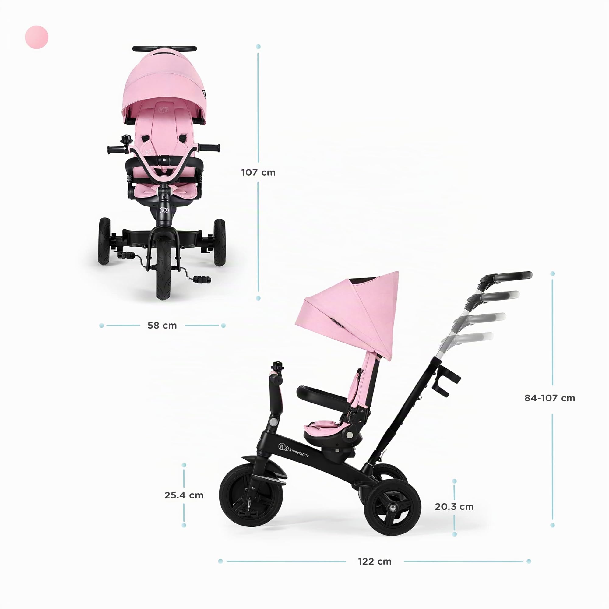 Kinderkraft Triciclo Evolutivo TWIPPER, con Maniglione, Sella Girevole 360 Gradi, Accessori, Campanello, Portabicchiere, da 9 Mesi fino a 5 Anni, Rosa