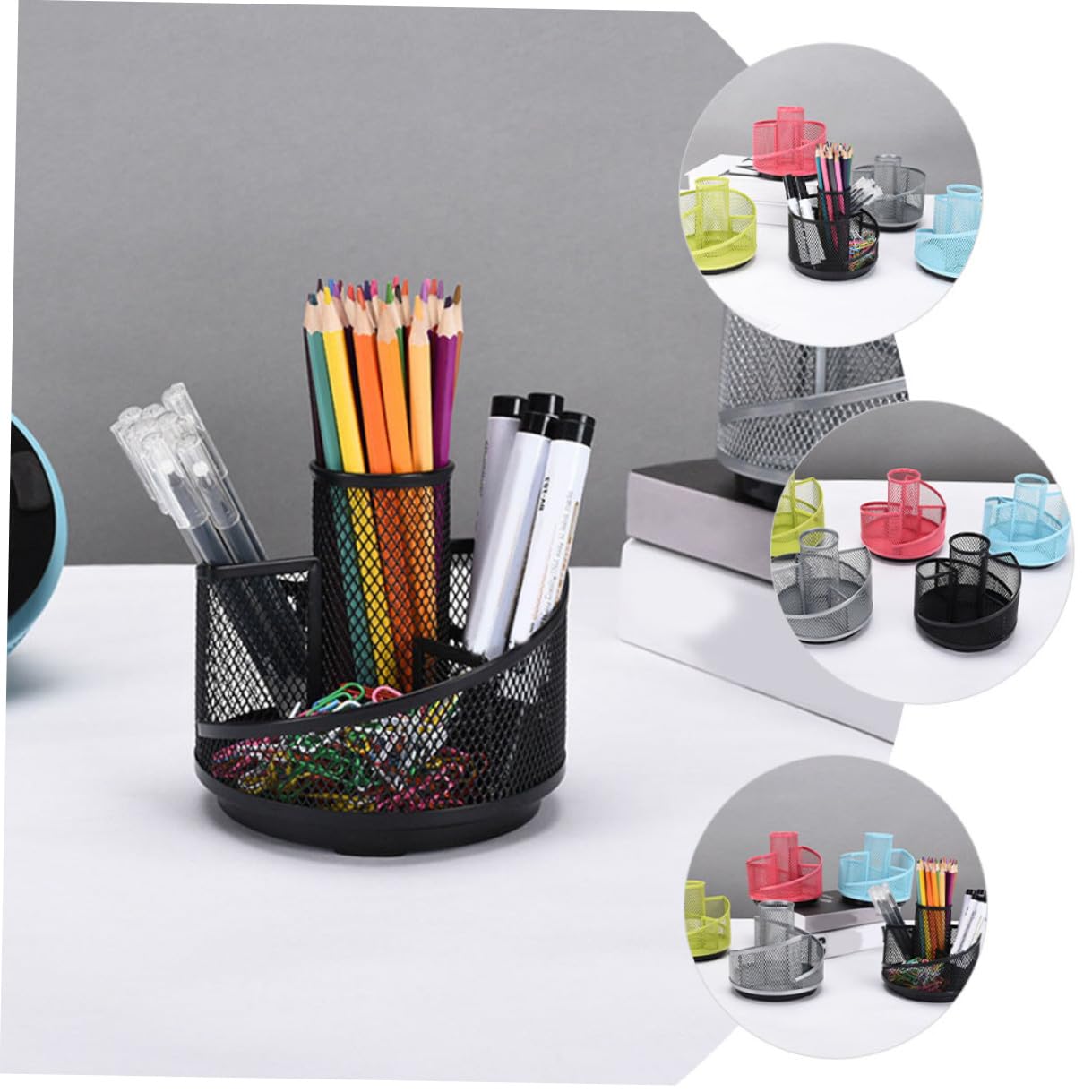 SEWACC 4 Stück Drehbarer Metall Stiftehalter mit Fächern Großer Kapazität Multifunktionaler Schreibtisch Organizer für Bürobedarf und Kosmetik Platzsparende Aufbewahrungsbox in Schwarz