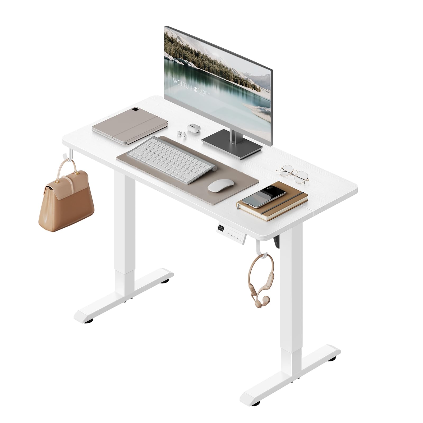 WOLTU Escritorio Elevable Eléctrico Regulable Altura 72-118 cm, con Memoria y Protección Anticolisión, con 2 Ganchos, para Oficina, Gaming o Estudio, Blanco, 100x48 cm