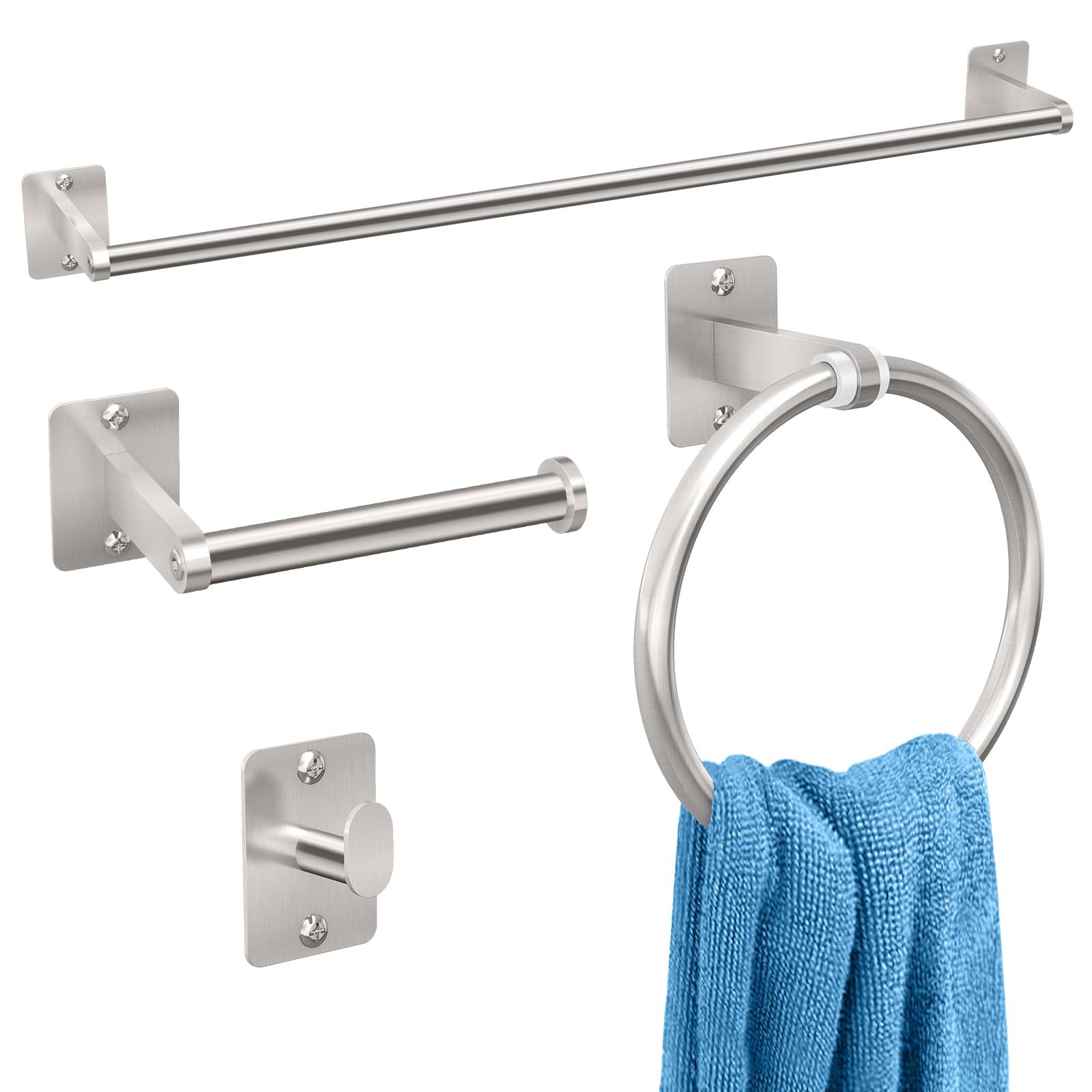 Brushed Nickel Bathroom Accessories Set, KLJKPA 4 Pieces Bathroom Hardware Set, 24 inch Towel Bar, Towel Racks for Bathroom, Robe Towel Hooks, Toilet Paper Holder Wall Mounted