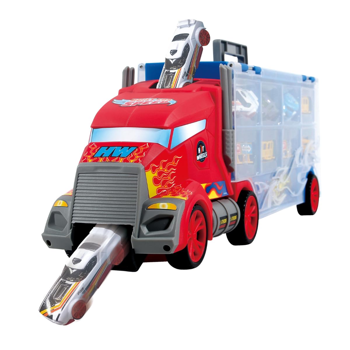 ODS 42034 Hot Wheels Transporter 50, Valigetta Bisarca con 4 Auto Originali, blu