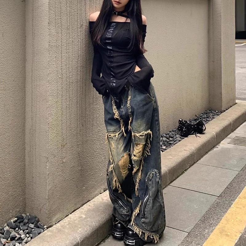 Y2k Retro Niche Baggy deconstruction Tassel Ripped Jeans Men's and Women's Large Pocket Design Sense Work Pants3