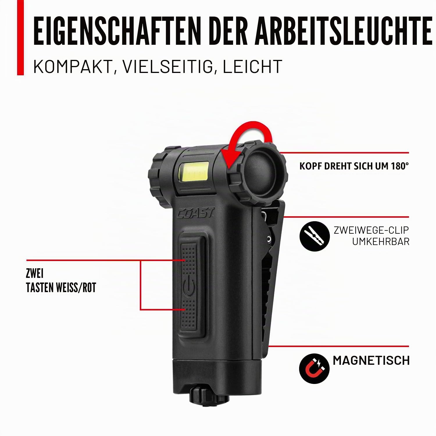 Coast HX4 80 Lumen Dual-Color (Rot/Weiß) Magnetisches LED Klammerlicht mit Strahlrotation, Schwarz