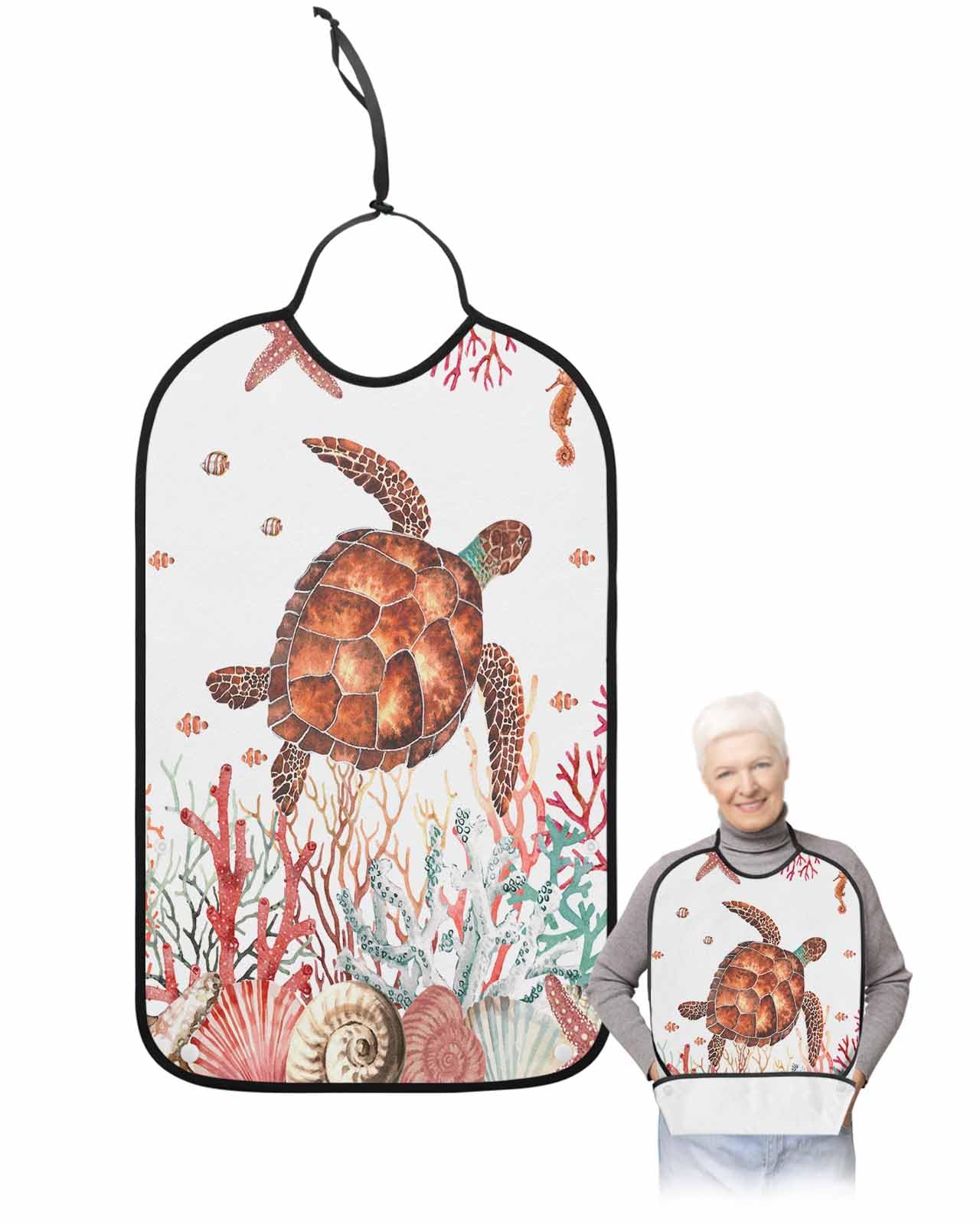 LEOKOTI Red Sea Turtle Adult Bibs for Eating, Waterproof Bibs with Food Catcher & Adjustable Snap Closure, Nautical Coastal Summer Beach Coral Washable Clothing Protectors Adult Bibs for Elderly