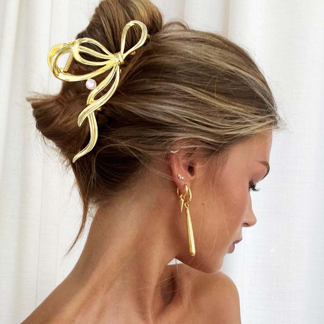 Reaky Metal Hair Claw Clips Gold Bow Hair Claws 2 Pcs Large Bowknot Claw Clips Pearls Hair Accessories for Women - Image 3