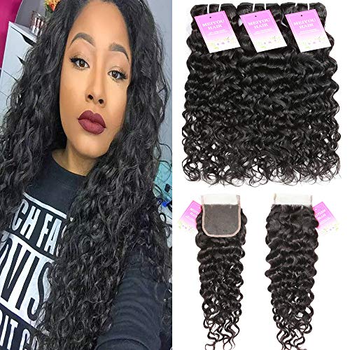 Mei You Brazilian Water Wave Bundles With Closure Virgin Curly Weave Human Hair 3 Bundles With 4x4 Lace Closure Free Part 1B Natural Black Color (22/24/26+20 Inch)