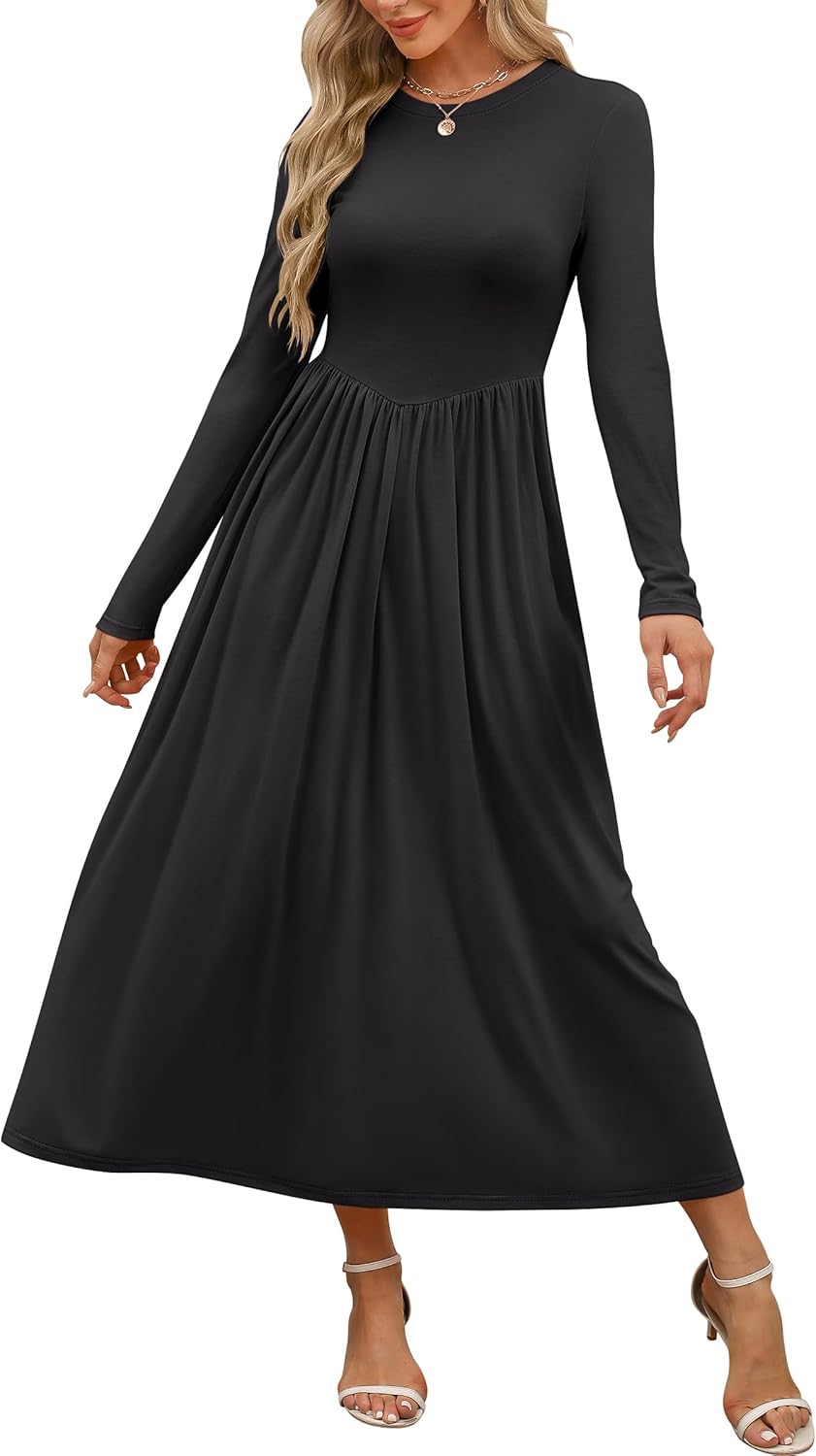 ANRABESS Women’s Long Sleeve Elegant Modest Drop Waist Maxi Dress 2025 Fall Casual Flowy Pleated Long Dresses with Pockets