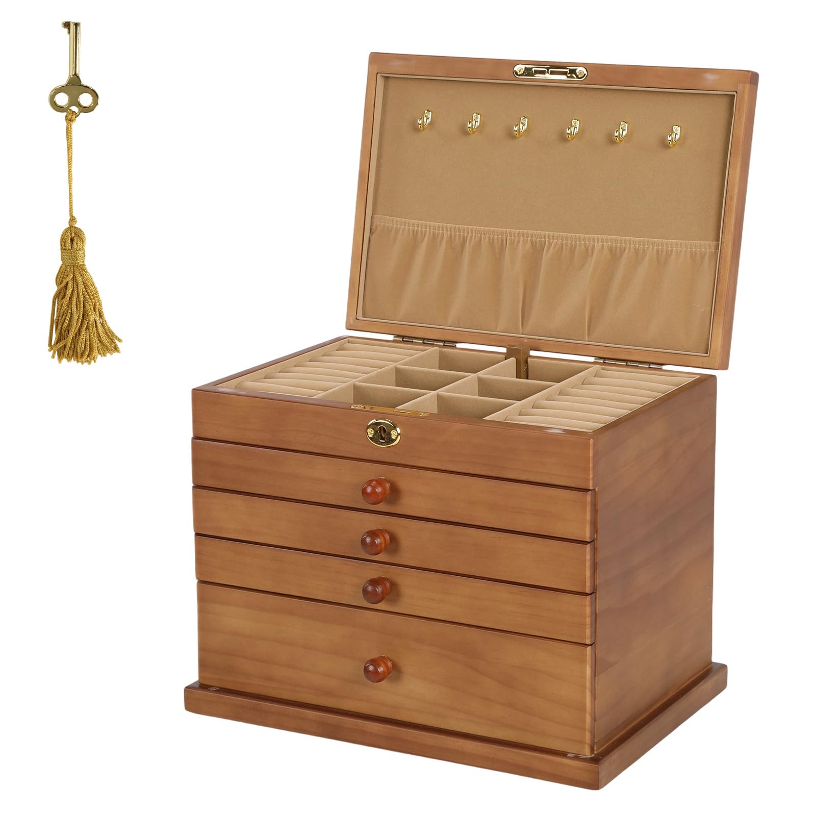 5-Layer Wooden Jewelry Box with Lock and Key Jewelry Organizers Built in Necklace Hooks for Jewelries Watches Necklace Ring