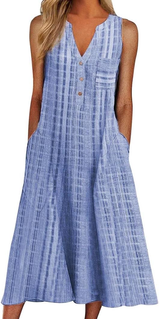 Women Casual Stripe V Neck Sleeveless Long Dress with Pocket Summer Beach Dress