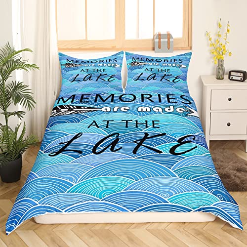 Lake House Duvet Cover Full Sets Size,Abstract Japanese Waves Bedding Set 3Pcs For Kids Teens Adults Home Room Decor,Nautical Adventure Comforter Cover Vintage Blue Quilt Cover,2 Pillowcases #TOP1