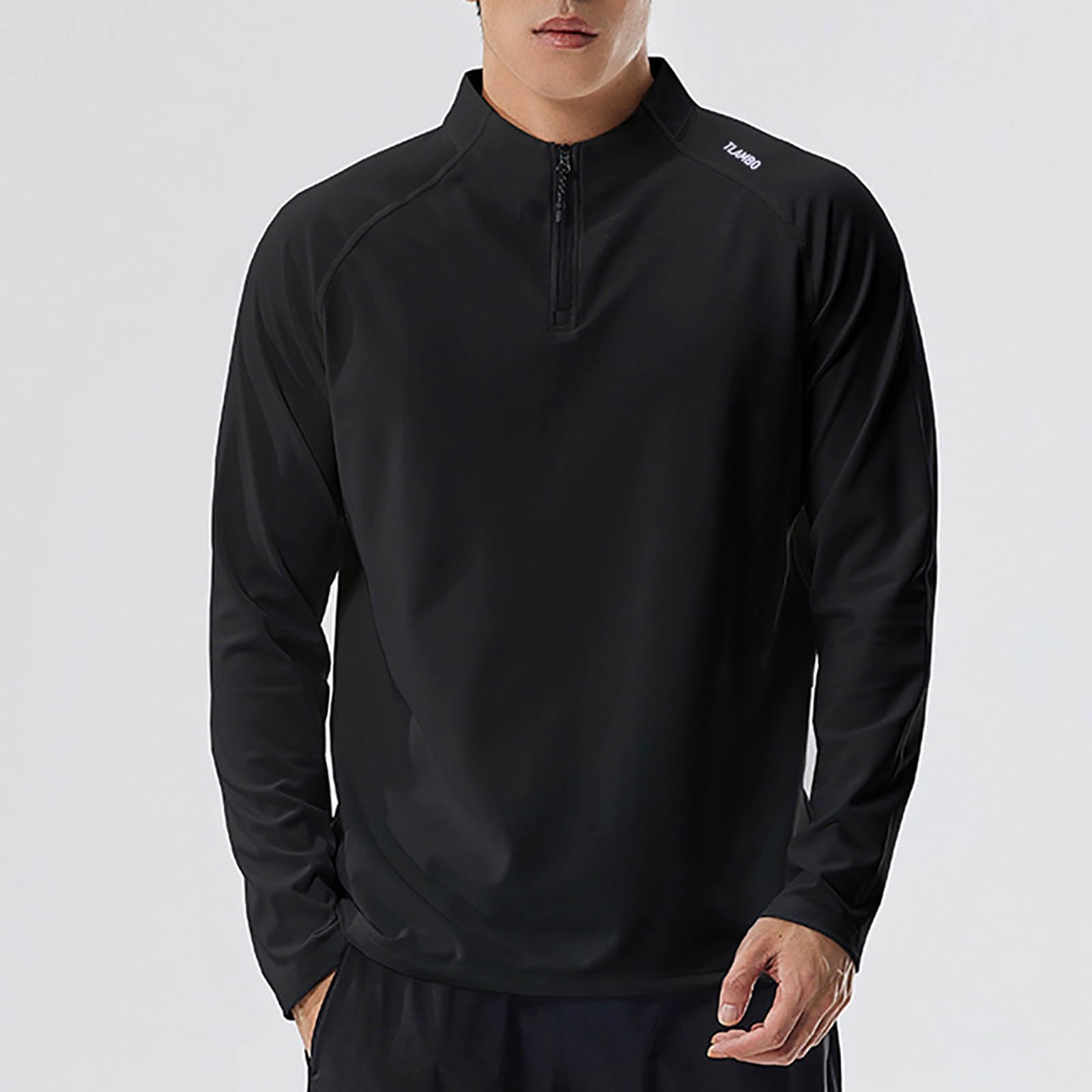 T-Shirt de Sport Homme Manches Longues col Montant Demi-zippé, Manches Raglan, Tissu Technique Respirant, séchage Rapide, Coupe Performance, pour Le Running et l'entraînement