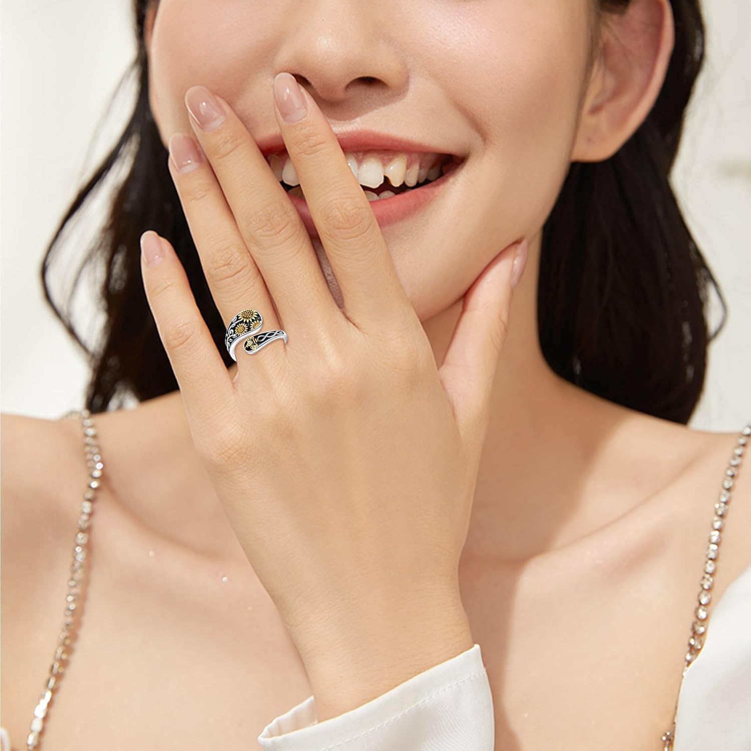 Antiqued Sunflower Rings for Women Sterling Silver You Are My Sunshine Flower Moonstone Ring Jewelry Gift (9, bee) - Image 2