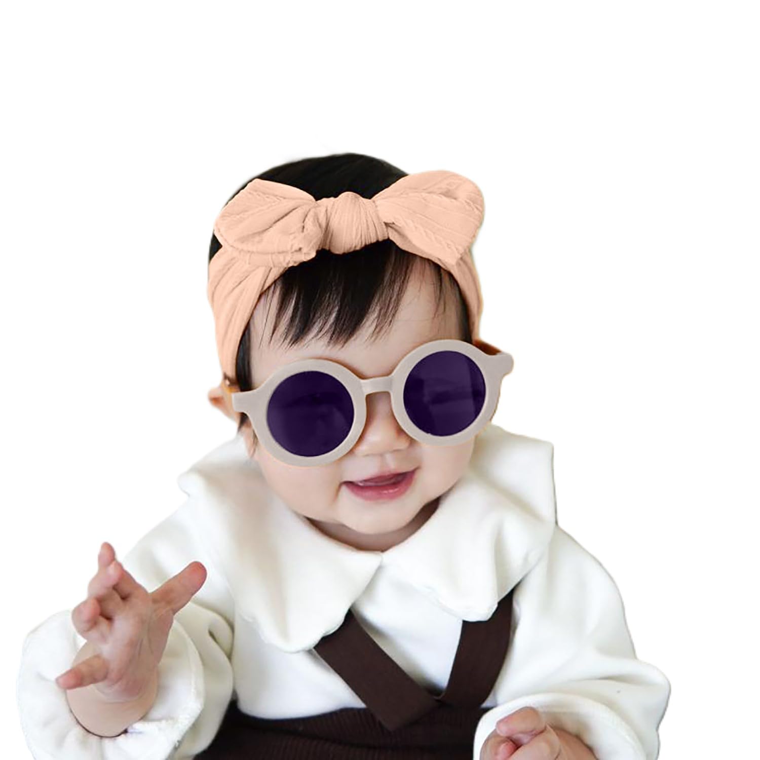 SYGA Baby Bow Jacquard Stretchable Headband With Uv Protection Round Sunglasses Stylish Combo For Toddlers And Kids (Meat Powder, Milky Frame, Free Size)-image-33