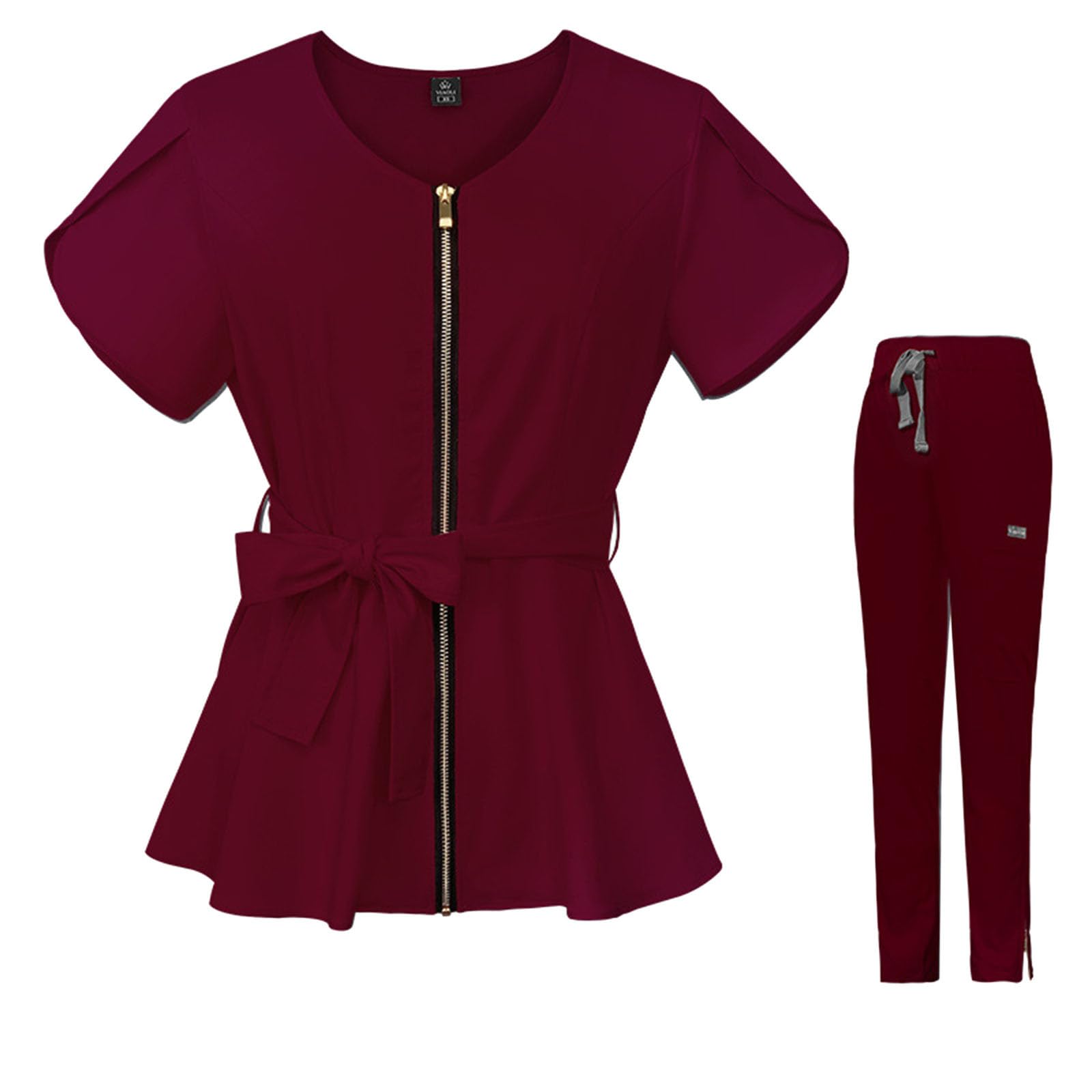 Camice Dottore Uomo Costume - Divise Infermiera Donna, Set di pantaloni elastici da donna a maniche corte in tinta unita con cravatta in vita