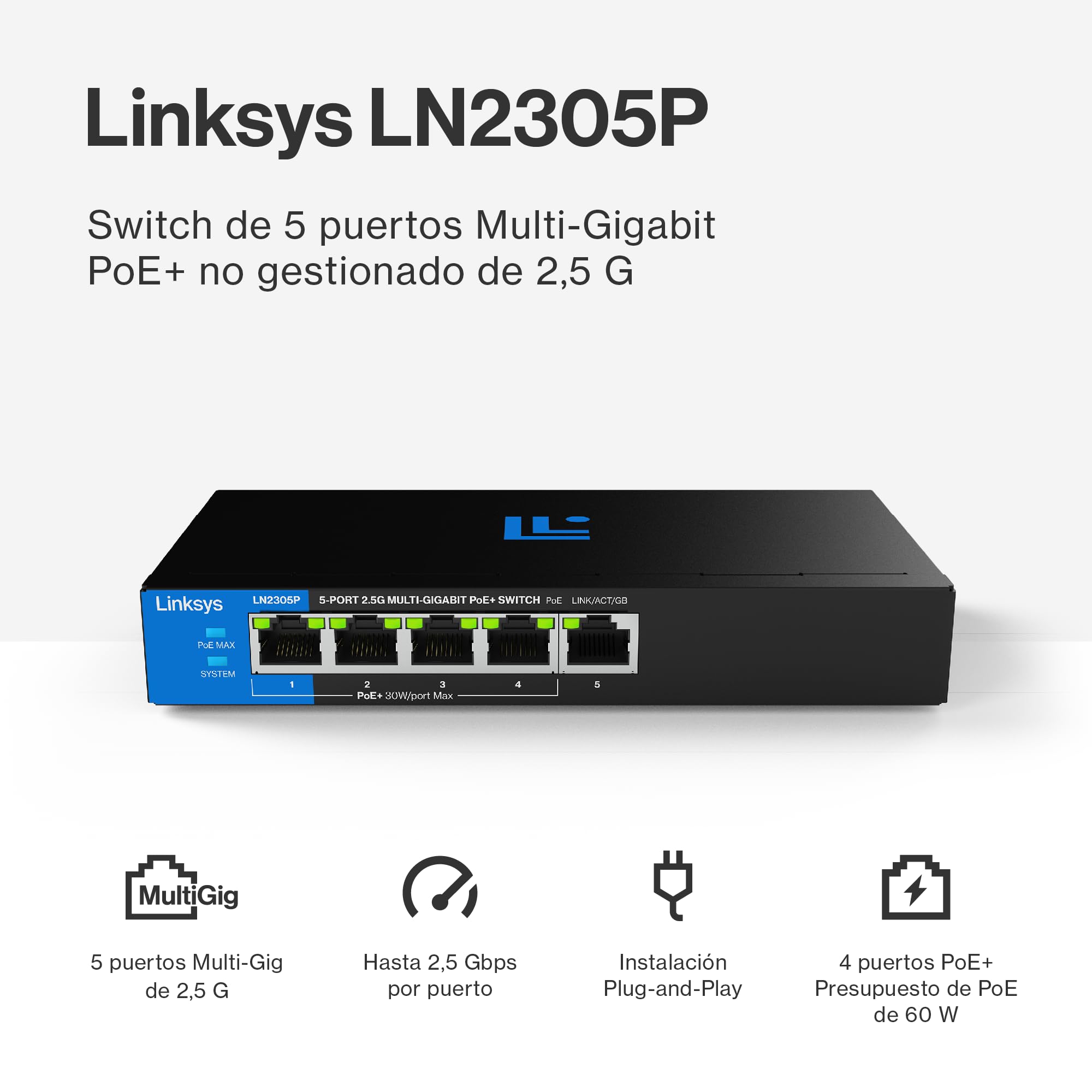 Switch PoE+ multigigabit Linksys no administrado de 5 Puertos y 2,5 G | Ethernet bajo Consumo | Control dúplex Completo | Oficinas pequeñas y domésticas | Sin Ventilador y metálico | PoE+ de 60 W