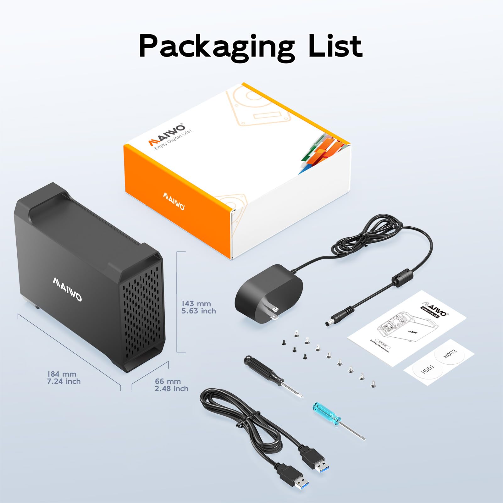 MAIWO Enclosure RAID Dual Bay per HDD SATA da 3,5", Enclosure per disco rigido a 2 alloggiamenti con ventola di raffreddamento, 4 modalità RAID, USB 3.0 per espansione da 44 TB
