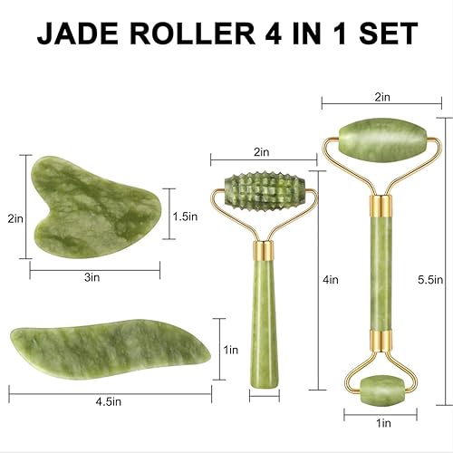 Miniatura 7 de Juego de 4 rodillos de jade y Gua Sha masajeador de rodillo facial con herramienta de raspado Gua Sha masajeador de piedra de jade para