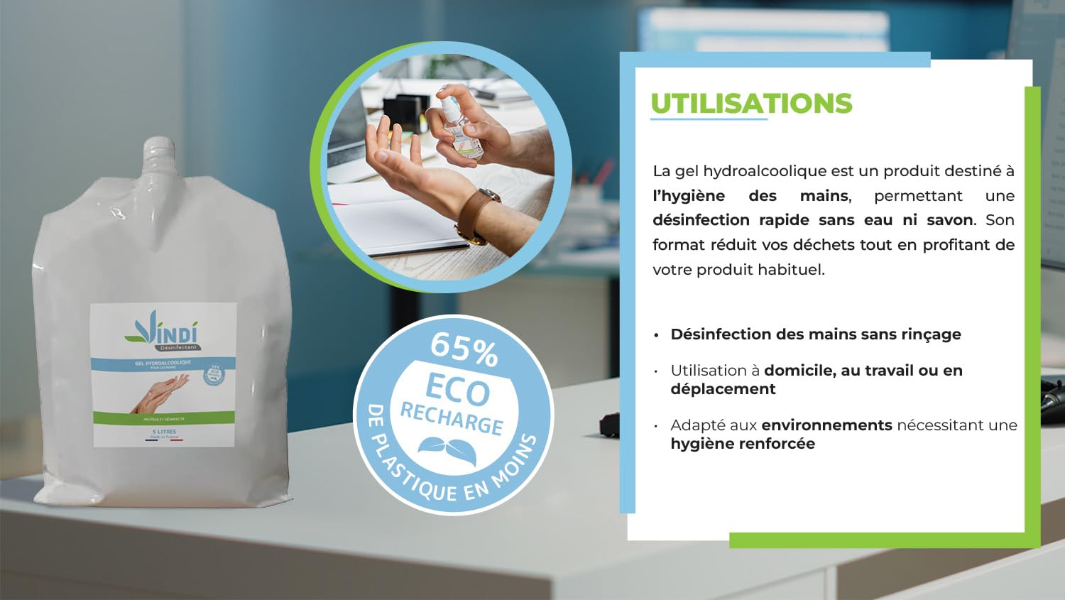 Vindi Désinfectant gel hydroalcoolique - Bidon-écorecharge de 5L - Fabrication Française -76% d'alcool - Virucide