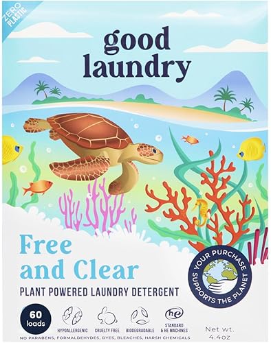 Good Laundry Hojas de detergente, sin perfume (60 cargas), hojas de detergente ecológicas, hipoalergénicas, sin jarras de plástico ni residuos, con