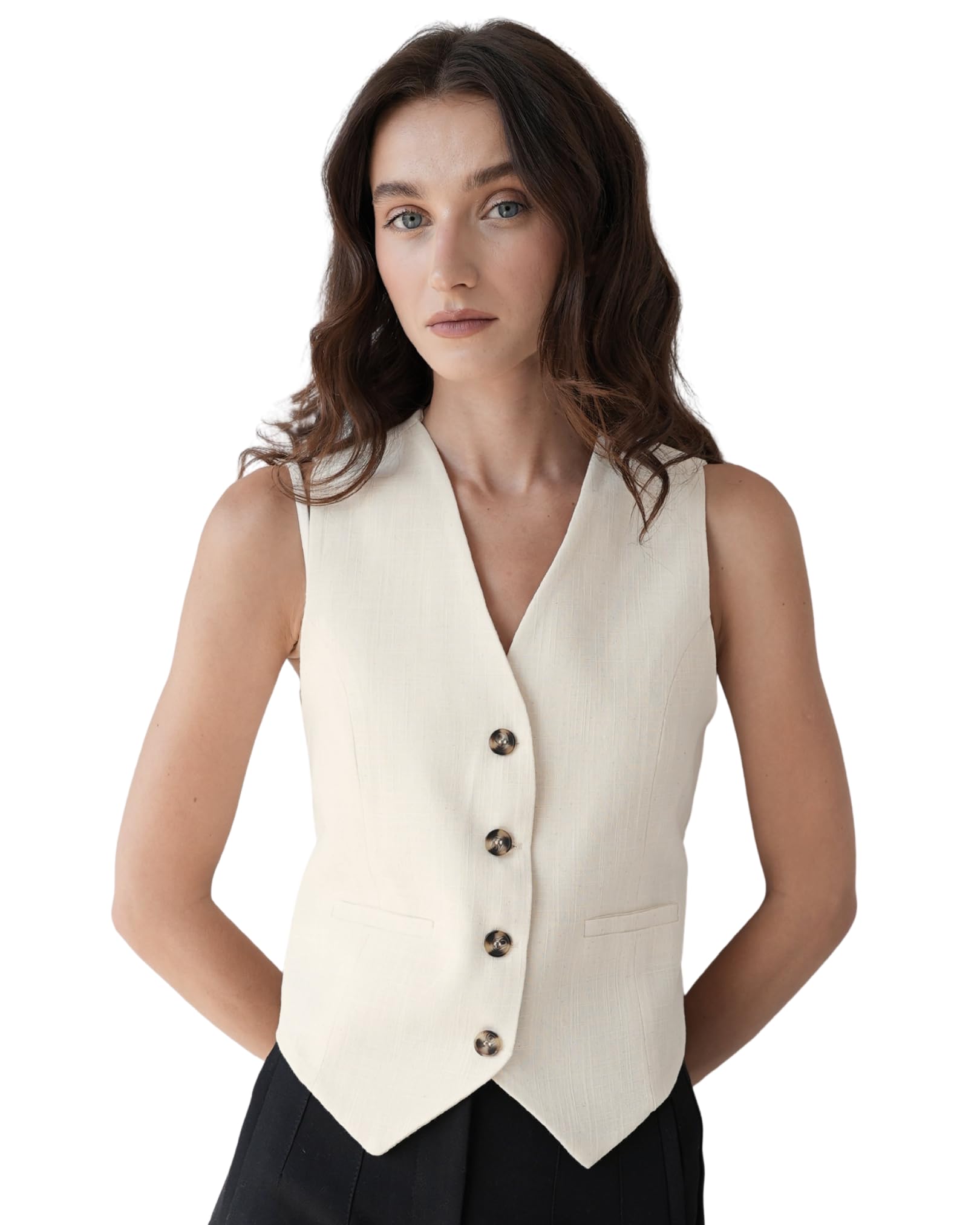 ELEGANCIA Womens Sleeveless Linen Vest Tailored Button-Down Waistcoat with Textured Finish for Summer or Workwear