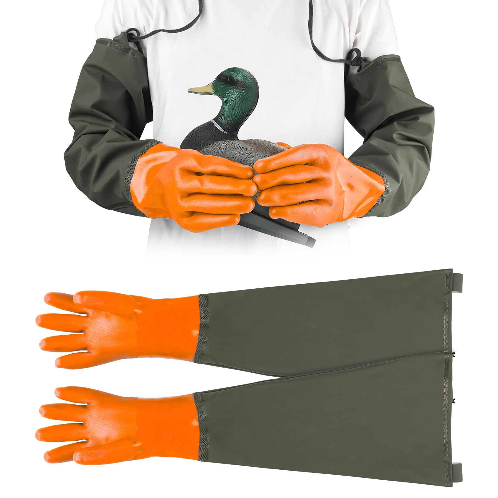 Duck Hunting Decoy Gloves, Shoulder Length 27.5in Waterproof Waterfowl Gauntlet with 27.5in Rope, Insulated Long Pond Glove Mallard Trapping Accessories and Gear for Keep Hands Dry and Warm, Orange
