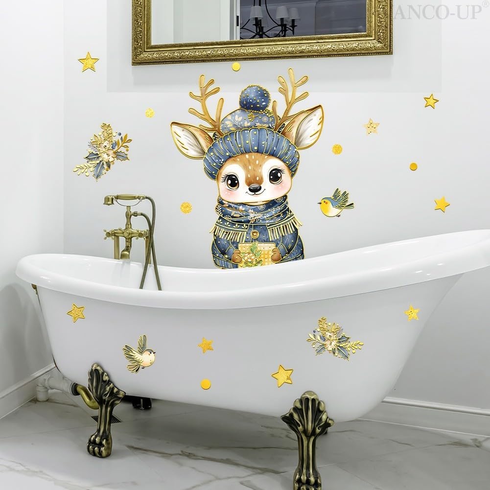 Calcomanía de ventana de Navidad de dibujos animados de alce dorado de PVC adhesivo de pared reutilizable para decoración del hogar de temporada 86 x 95 cm