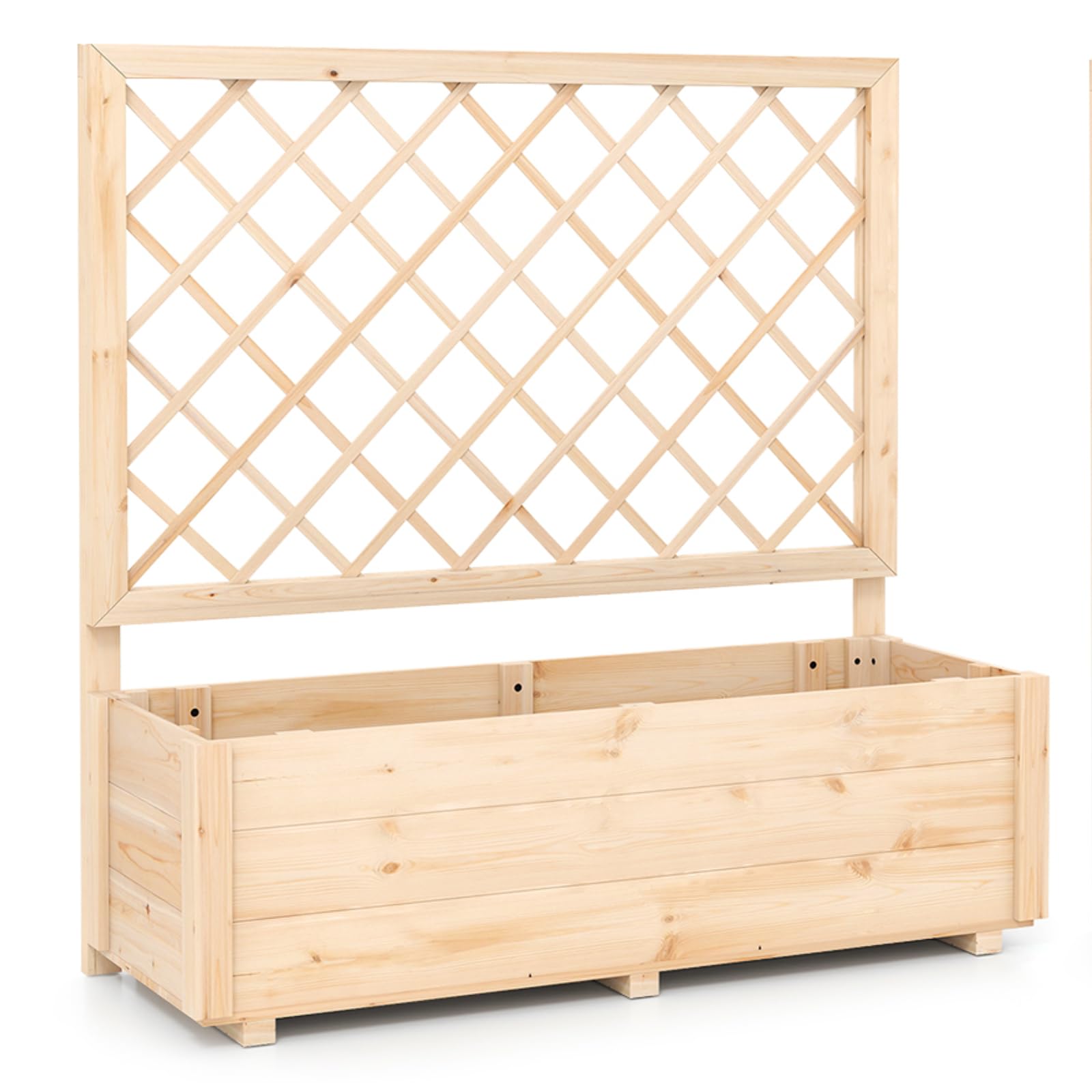 TANGZON Raised Garden Bed with Trellis, Freestanding Solid Wood Planter with Drainage Hole, Outdoor Elevated Trough Planting Support Box for Vine Climbing Plant (Natural, No Liner, 98 x 34 x 104 cm)
