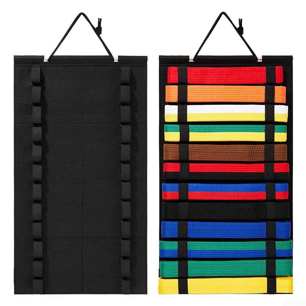 Sac de rangement pour ceinture de karaté pour arts martiaux, taekwondo et judo - Organiseur en feutre pouvant contenir jusqu'à 12 ceintures, montage mural, 62,5 x 34,5 cm, noir