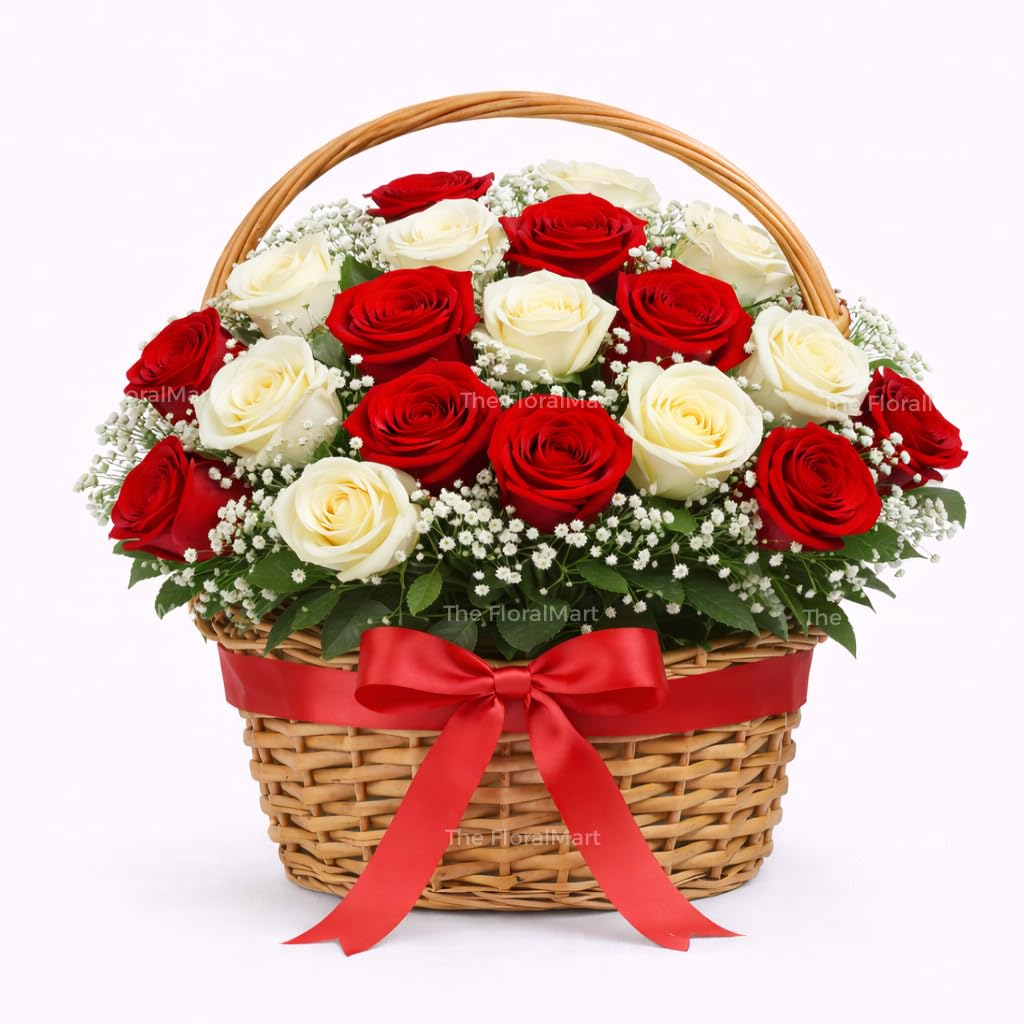 The FloralMart Handle Basket Fresh Flowers Arrangement of 08 Red & 08 White Roses for Birthday Gift, Anniversary Gift, Wedding Gift, Valentines Day Gift, (Same Day Delivery)
