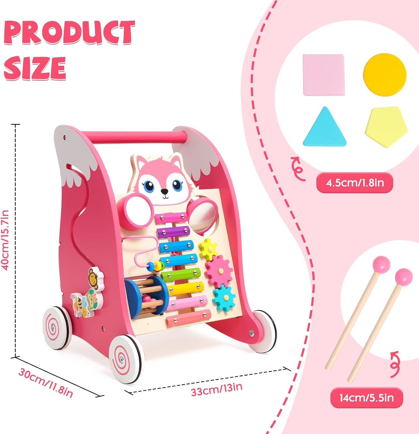 Chariot de Marche Bebe avec Xylophone, Instruments de Musique et jeu d'association de Formes.Trotteur Bebe Fille，Jouet Montessori Centre d'activités Multifonctionnel pour bébés de 6 mois et plus, Rose