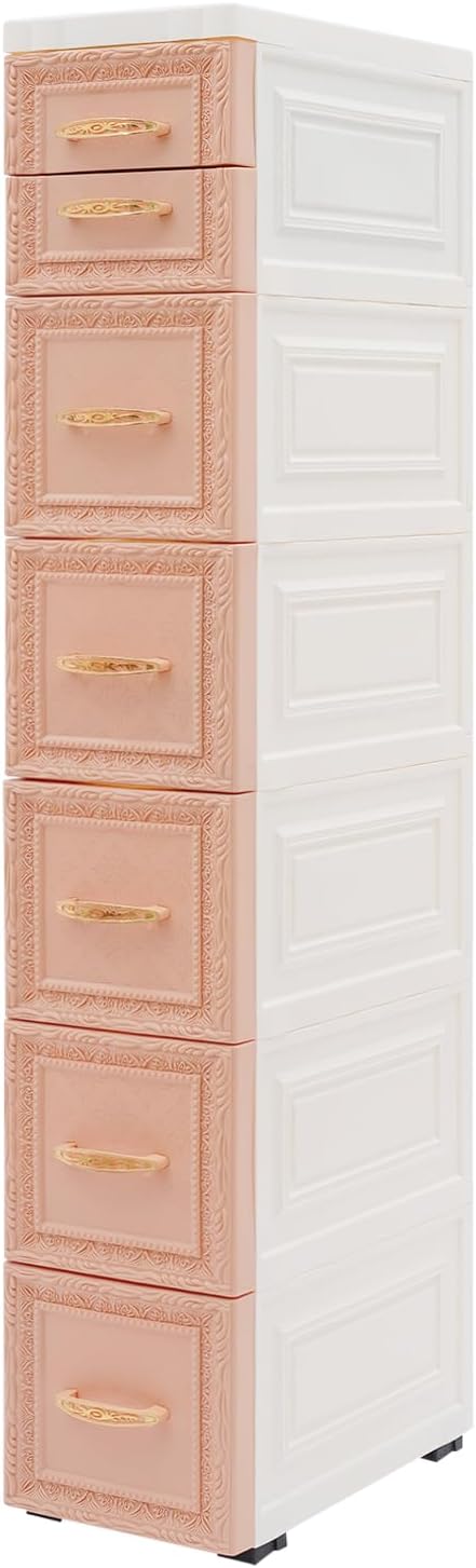 7 Drawers Narrow Storage Cabinet with Wheels,Slim Floor Cabinets,Rolling Organizer Cart for Small Spaces,Pink