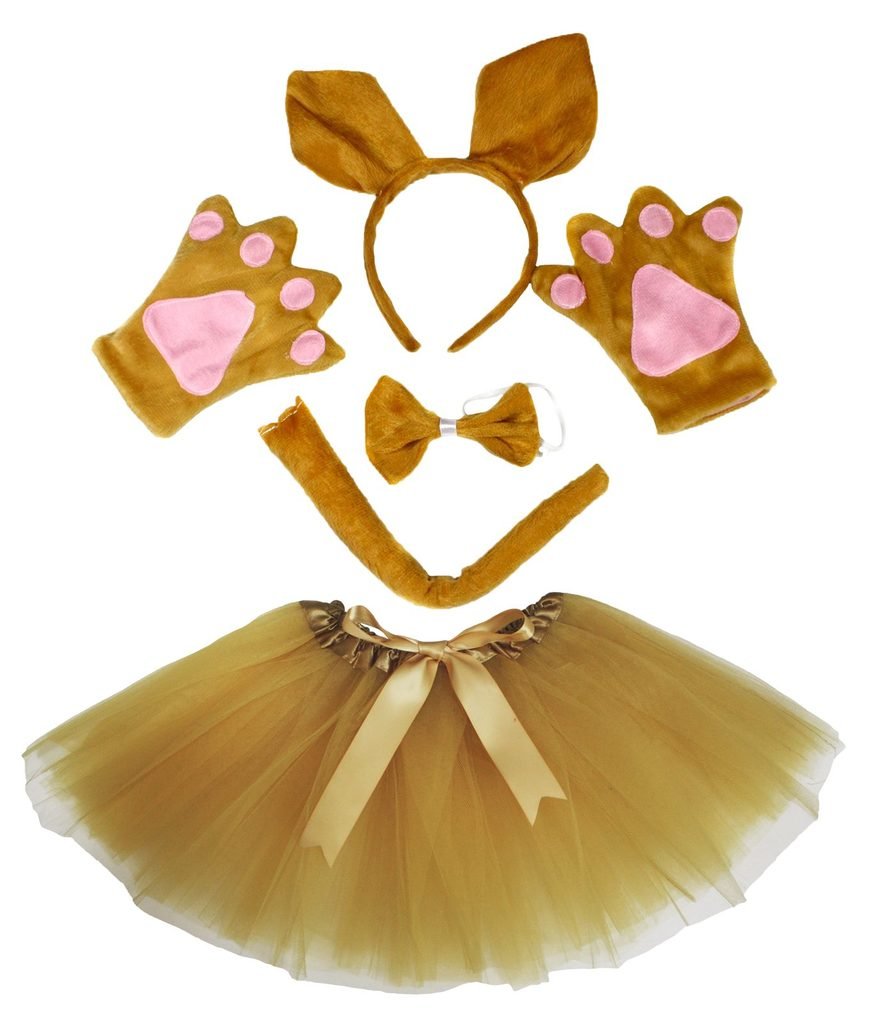 Petitebelle Women's Brown Kangaroo Headband Bowtie Tail Glove Gold Tutu 5Pc Lady Costume (Brown)