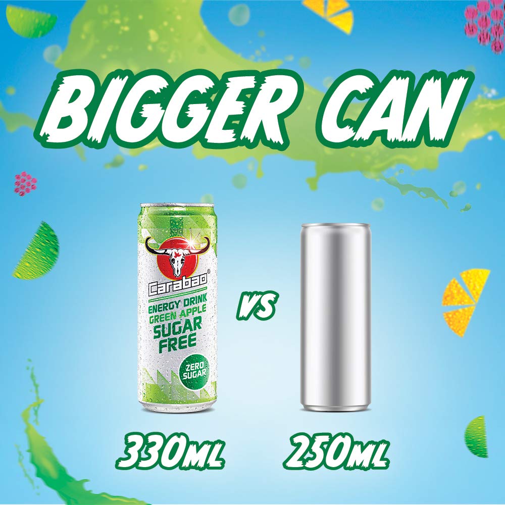 Carabao Energy Drink Sugar Free Green Apple, 12 x 330ml Can Case, Zero