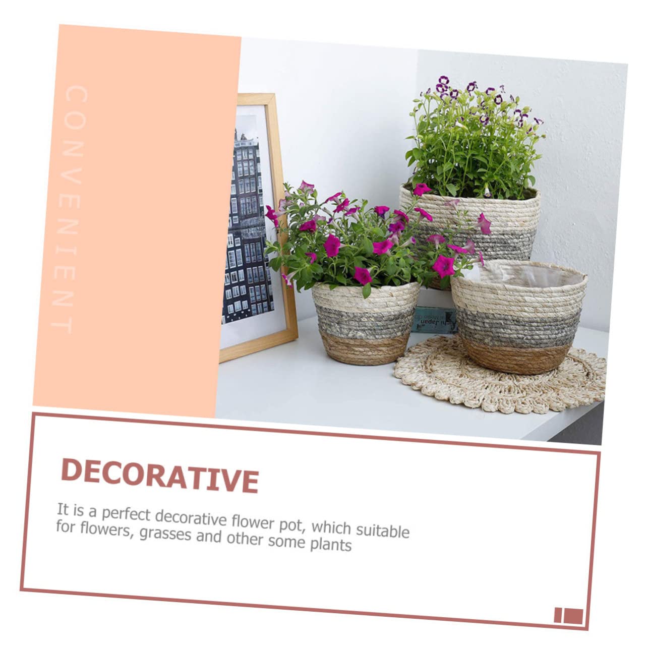 DOITOOL Paniers Tressés en Paille Cache-Pot Décoratif Lot de 2 Créant Une Ambiance Estivale Chaleureuse pour Plantes et Fleurs pour Terrasse