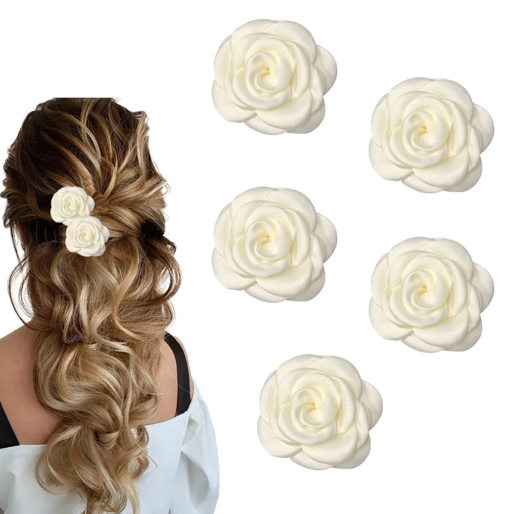 5 Pcs Flower Hair Clips for Women White Ribbon flower Hair Accessories Camellia Flower Hair Barrettes Alligator Hair Clips for Wedding Bridal Hairpins Spring Summer Holiday Beach Party