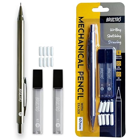 BRUSTRO Mechanical Pencil Set | HB-20 leads, 2B-20 leads,Spare eraser 8 units|Tip size 0.7 mm | Ideal for Students,Adults, Home, School, Office, Stationery Use |Writing, Sketching, Drawing,Mandala Art