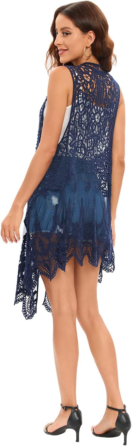 Lace Front Open Sleeveless Top Cardigan Crochet Vest Bikini Cover up Summer Beachwear - Image 2
