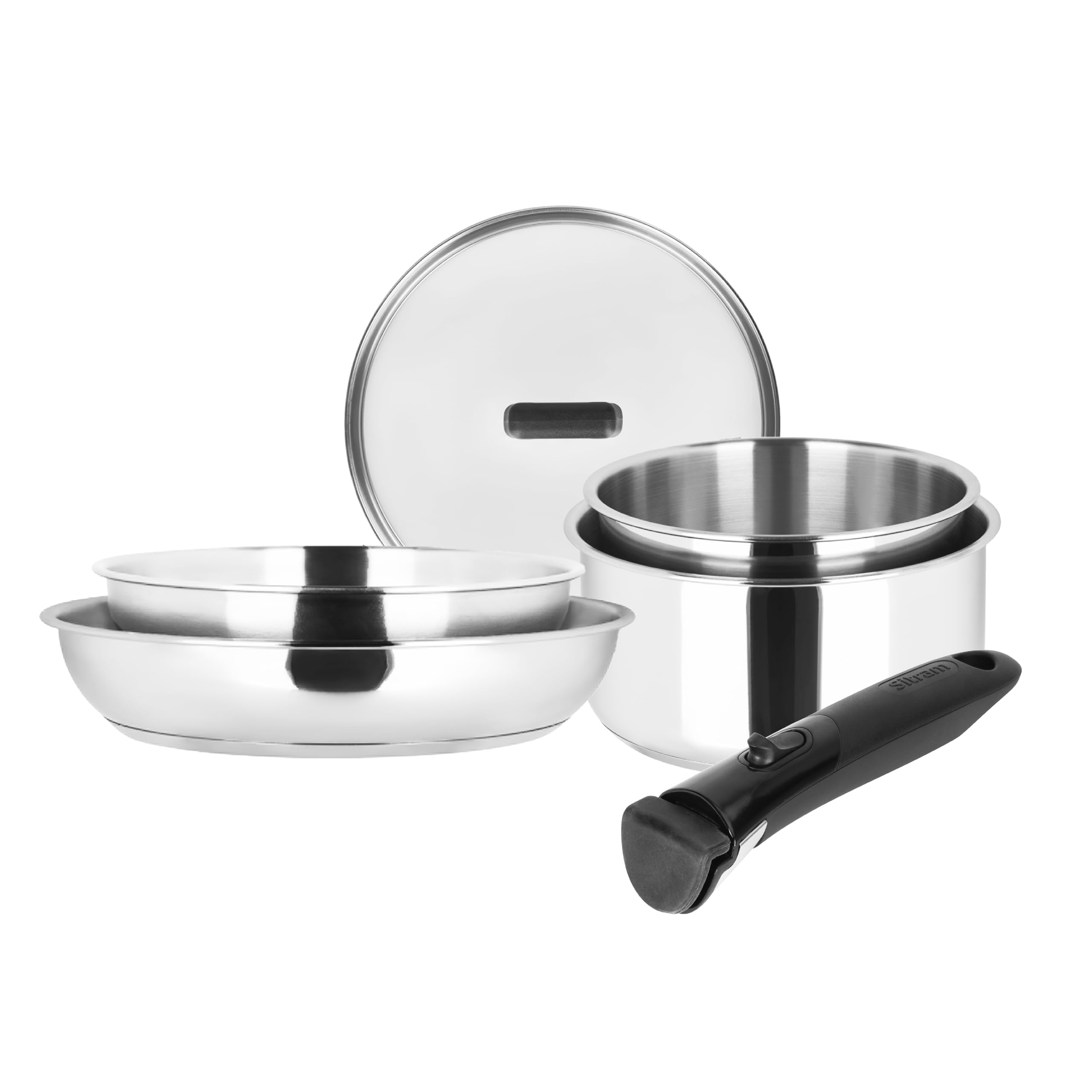 Sitram 717373 Batterie Cuisine 6 pcs 100% Inox : 1 manche amovible, 2 casseroles Ø18,20 cm, 2 poêles Ø20,24 cm, 1 couvercle verre Ø20 cm - Tous feux dont induction - Cuisine Saine Garantie