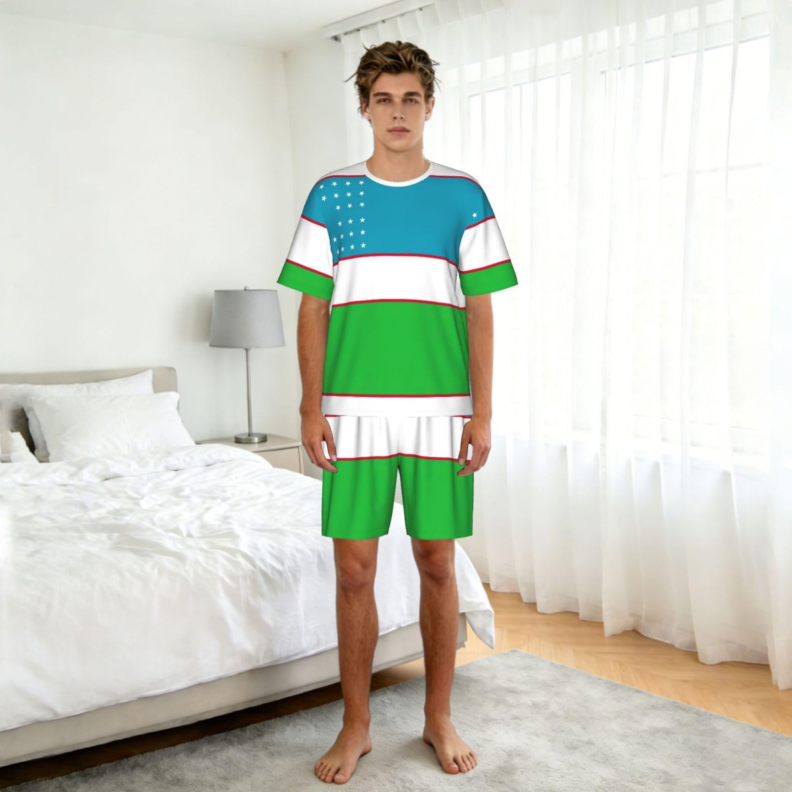 Set pigiama da uomo con stampa bandiera della Repubblica dell'Uzbekistan, comodo pigiama da uomo con pantaloncini, perfetto per le notti estive