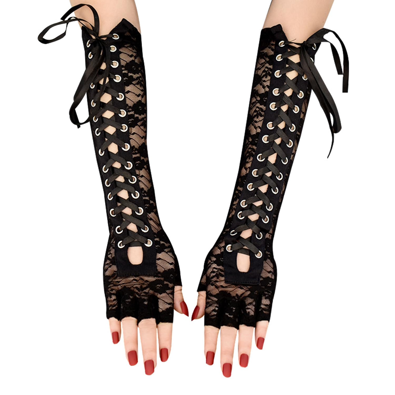 Steampunk Lace Up Fingerless Gloves,Womens Lace Dress Gloves,Long Gothic Gloves for Costume Party Wedding Cosplay Cocktail Party - Image 2