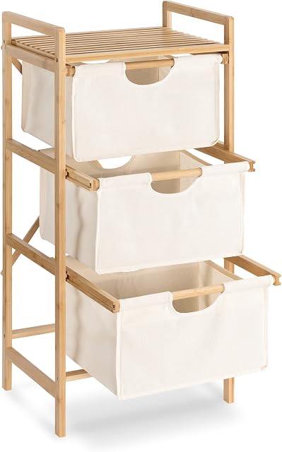Navaris Bathroom Storage Drawers - 3-Tiered Free-Standing Storage Unit with Bamboo Frame and Pull-Out Fabric Laundry Baskets - 96 x 44 x 33 cm, White