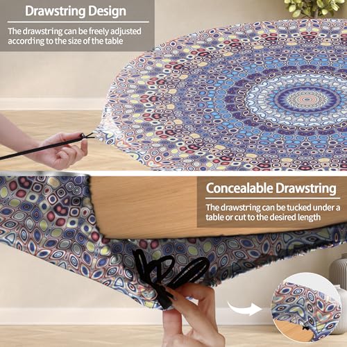 Fitted Vinyl Round Tablecloth for 36-44" Table Boho Waterproof Reusable Summer Fall Tableclothes Campers Inside Outdoors Supplies Dining Room Kitchen Needs White Elephant Gifts