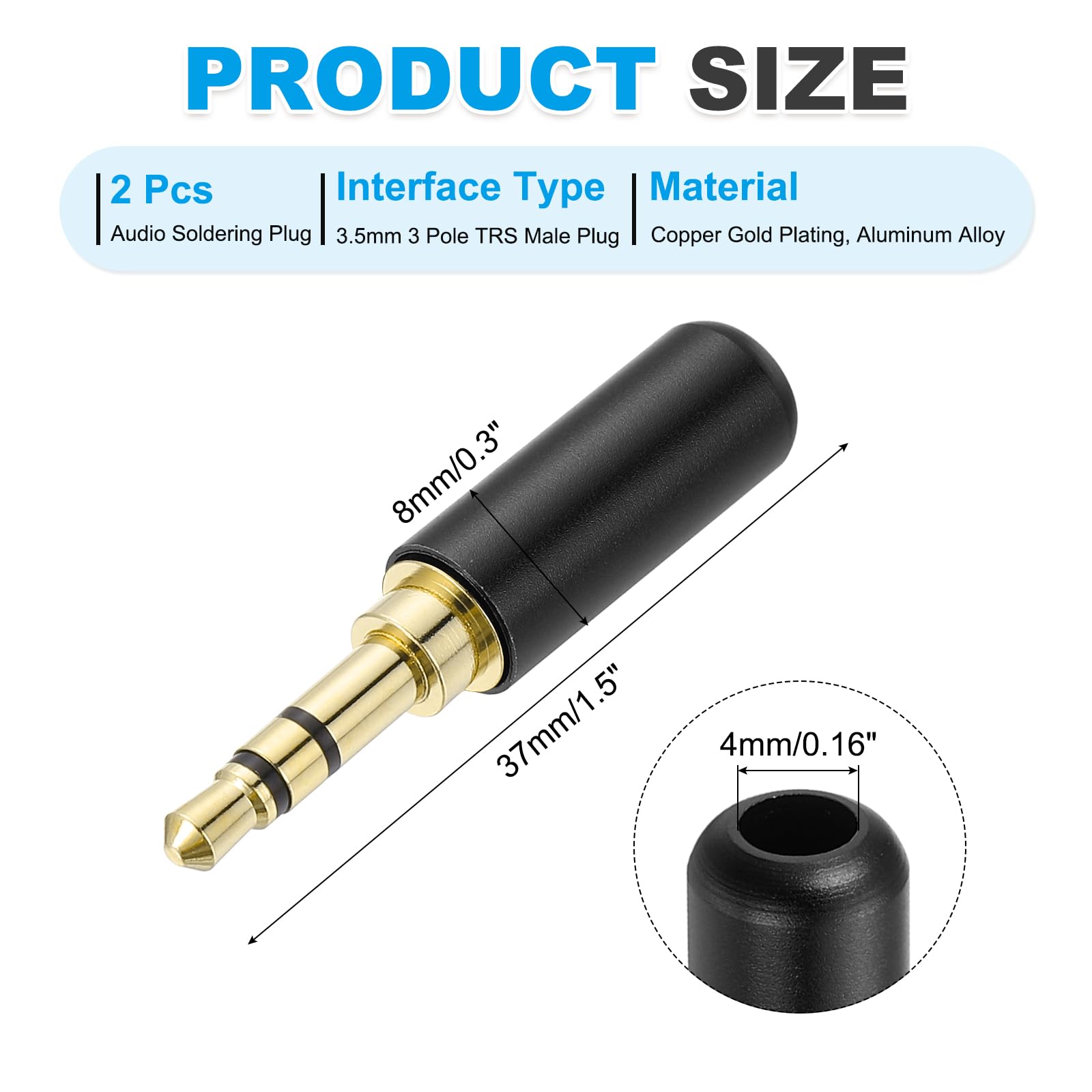 QUARKZMAN 2 szt. Wtyczka męska 3,5 mm do lutowania, 3-biegunowe metalowe złącze audio, wtyczka męska 3,5 mm TRS do naprawy kabla słuchawkowego mikrofonu, czarna