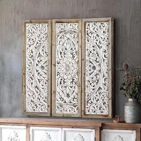 CASOLLY Carved Wood Wall Decor,Floral-Patterned Wooden Panels (Set of 3),Decorative Carved Wall Sculpture,35"x35"x1",for Living Room Bedroom Entrance Hall Cover