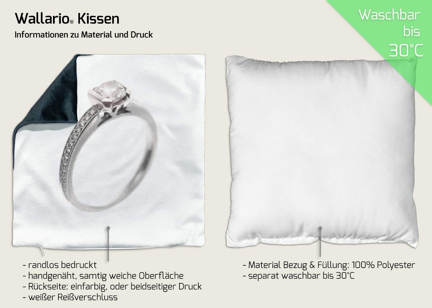 Wallario Dekokissen 30 x 30 cm, Silberner Verlobungsring in Nahaufnahme mit Fokussierung, beidseitig Bedruckt, Kuschelkissen mit weicher Plüsch-Oberfläche