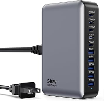 540W USB C Charger Block, 10 Port Charging Station USB Charger Block Double 100W Gan Laptop Fast Charging Compatible with MacBook Air/Pro, iPhone, iPad, Dell XPS, Samsung Galaxy Note