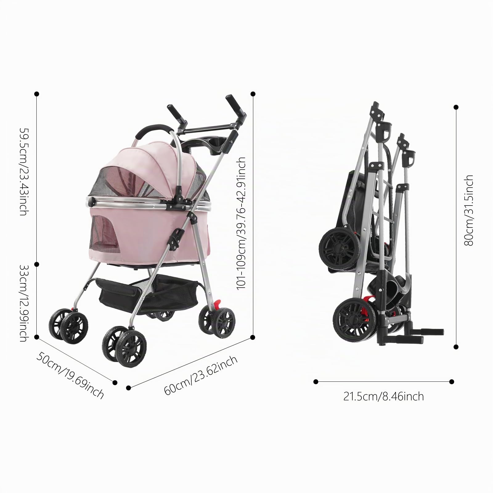Poussette pliable pour chien avec roues universelles, pour chats et petits chiens, 50 x 60 cm (rose sakura)