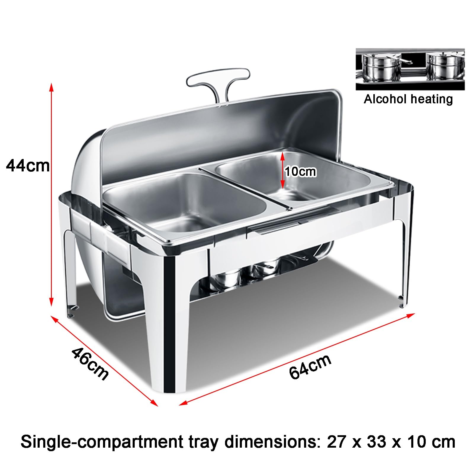 Set da buffet con scaldavivande con coperchio a rullo, vassoio espositivo per servire cibo, contenitore scaldacondimenti in acciaio inossidabile per hotel e matrimoni (argento-B, 10 cm/2 griglie) (ar