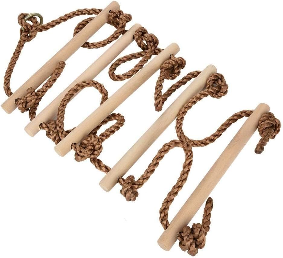 REZNOR Wood 5.5Ft Climbing Rope Ladder Ninja Ladder For Kids - Ninja Warrior Slackline Ladder, Playground Equipment - Ninja Obstacle Ladder Rope Swing For Children, 5 Rungs, Brown, 38W x 167H Cm