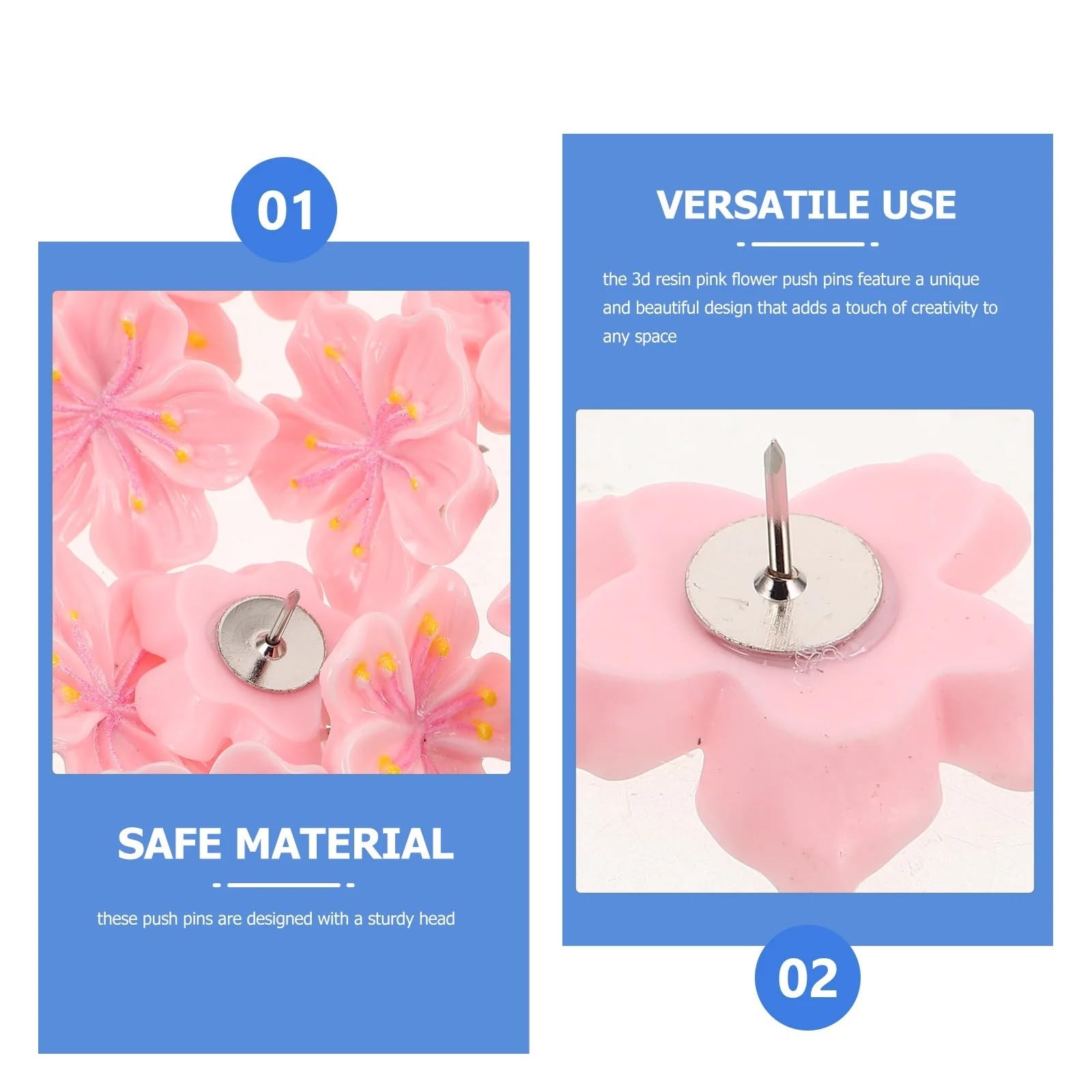 Puntine da disegno decorative, 30 pezzi, a forma di fiore rosa, in resina, 3D, for bacheche, mappe e poster.
